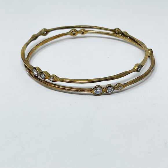 Set of 2 Gold Tone Bangle Bracelets Rhinestone Gems Patina Look Costume Fashion - Picture 3 of 8